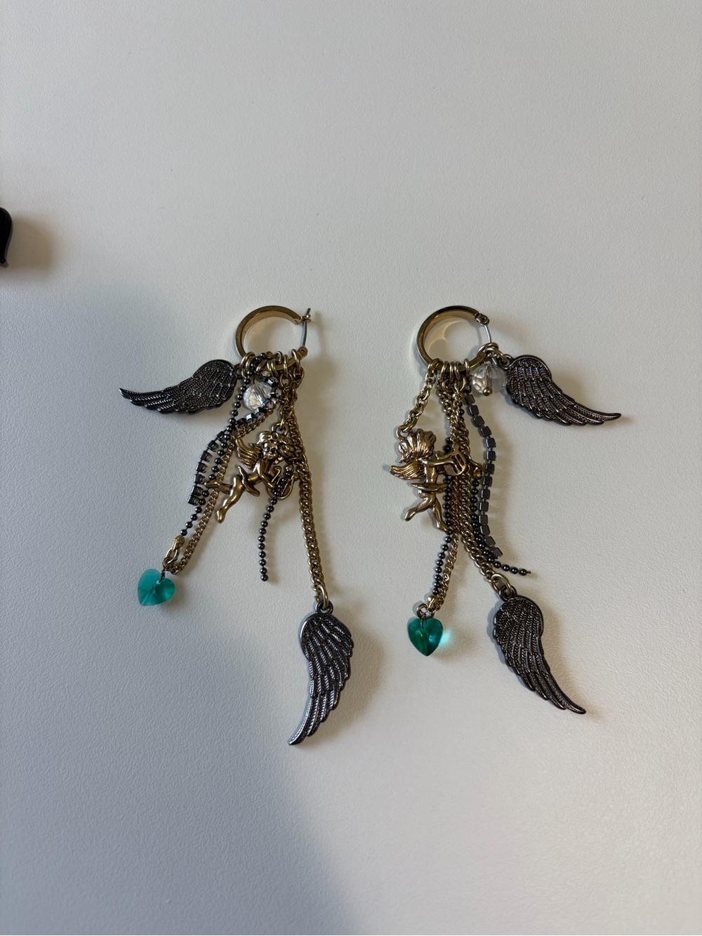 Betsey Johnson Gold and Teal Angel Wing Dangle Earrings